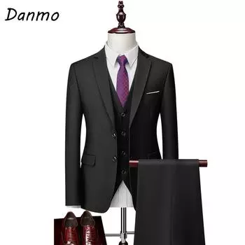 Danmo чистый цвет мужской деловой деловой костюм комплект из трех предметов жених свадебное платье плюс размер 5XL(Куртка + Жилет + Брюки)