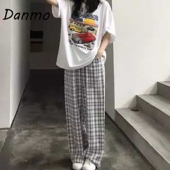 Danmo Fashion Harajuku Хип-хоп Универсальные уличные брюки Шикарные клетчатые ретро свободные широкие брюки Корейские женские повседневные брюки XXL синий