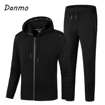 Danmo Fashion Мужская куртка с длинными рукавами и брюками, повседневный спортивный костюм из двух частей с капюшоном на молнии 9XL чёрный