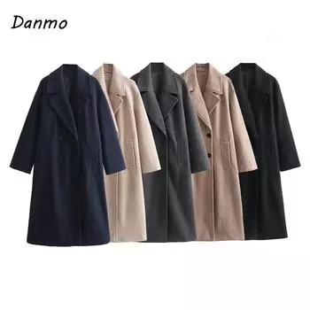 Danmo Fashion женское мягкое шерстяное пальто большого размера с длинным рукавом и прорезными карманами спереди, женская верхняя одежда, шикарное пальто XL чёрный