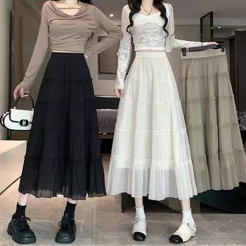 Danmo Модная женская юбка из сетчатой пряжи с высокой талией, длинная юбка-трапеция, плиссированная юбка больших размеров XL чёрный