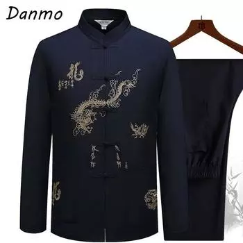 Danmo Китайская традиционная одежда Тан Костюм кунг-фу Модная повседневная футболка с вышивкой Брюки Вин Чун Тай Чи Удобный мужской комплект плюс размер XXXL белый