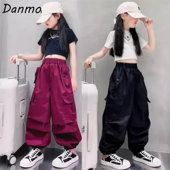 Danmo летние брюки-карго для девочек, костюм из двух предметов, комплекты одежды для уличных танцев, жилет, футболка + повседневная одежда 170 чёрный