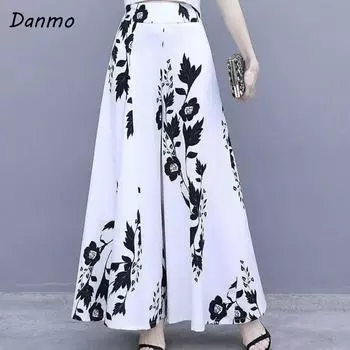 Danmo летние женские брюки юбка длинные контрастные цвета мешковатые брюки с высокой талией и цветочным принтом плюс размер XXL белый