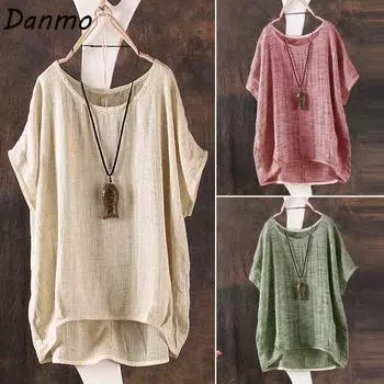 Danmo Летняя модная женская повседневная льняная рубашка больших размеров с коротким рукавом, свободные блузки XS красный