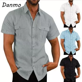 Danmo Мужские рубашки из хлопка и льна, однотонные рубашки с коротким рукавом и отложным воротником, мужская пляжная блузка больших размеров M белый