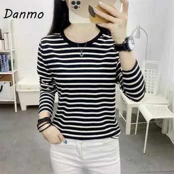 Danmo модный женский топ в полоску, стильные топы с длинными рукавами, пуловер с круглым воротником, футболка, женская футболка XXXXXL белый