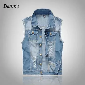 Danmo Мужская мода тонкий плюс размер студенческий джинсовый жилет с лацканами пальто XXXXXXL светло-синий