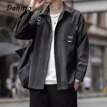 Danmo Мужские повседневные рубашки с длинным рукавом весна-осень корейская рубашка винтажная мода свободные мужские рубашки с буквенным принтом уличная одежда топ XXXL чёрный