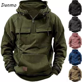 Danmo мужские толстовки однотонные толстовки с несколькими карманами мужские куртки с капюшоном толстые уличные полумолнии XS зелёный