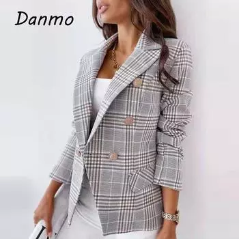 Danmo офисный женский элегантный тонкий блейзер осенний кардиган с лацканами и пуговицами, куртка женская мода в клетку с принтом повседневный костюм пальто XS белый