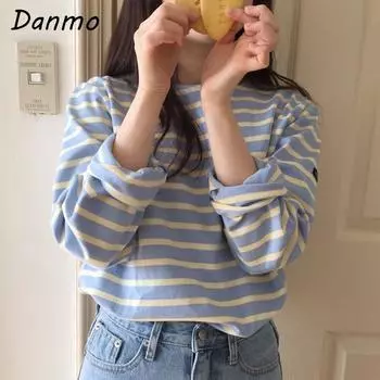 Danmo осенние классические полосатые женские футболки с длинными рукавами и круглым вырезом повседневные свободные рубашки женские топы XL розовый