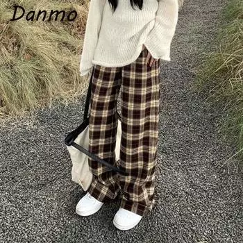 Danmo ретро Harajuku большие клетчатые брюки женские повседневные мешковатые широкие брюки женские Ins подростковая уличная одежда в стиле хип-хоп прямые брюки XXL коричневый