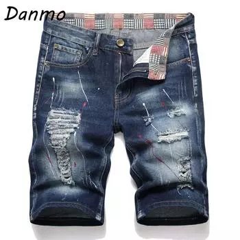 Danmo Ретро летние мужские рваные джинсовые шорты с граффити, джинсы с дырками, большие размеры, пятые брюки, шорты, мужская одежда, большие размеры 27 синий