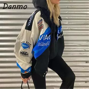 Danmo синяя повседневная свободная куртка с принтом, женская куртка-бомбер, женское пальто с цветными блоками, женское спортивное стильное пальто XXL синий