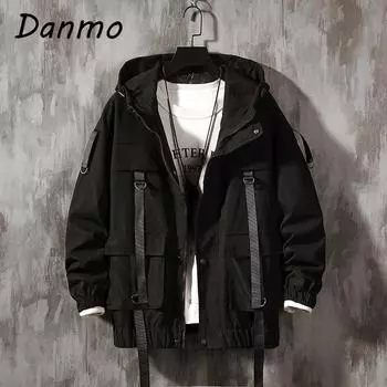 Danmo, весенне-осенний мужской модный комбинезон, куртка с лентами и карманами, свободное пальто в стиле хип-хоп, уличная ветровка XXXL чёрный