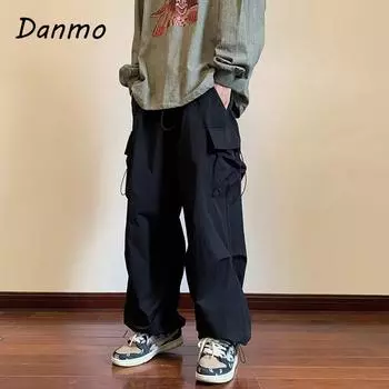 Danmo Streetwear Весенние повседневные брюки-шаровары для мужчин с эластичным поясом, однотонные брюки-карго с несколькими карманами, свободные мешковатые брюки для женщин XXXL чёрный