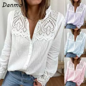 Danmo Свободные женские блузки Осенние рубашки Топы Модные повседневные женские блузки с круглым вырезом и длинными рукавами XS фиолетовый