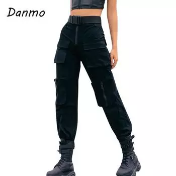 Danmo Удобные брюки с высокой талией Свободные джоггеры Женские брюки Уличная одежда Черные брюки-карго в стиле панк Брюки Женские спортивные брюки для инструментов L чёрный