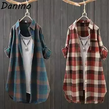 Danmo Винтажная повседневная блузка Свободные топы больших размеров Женская одежда Средней длины клетчатая рубашка Женская хлопково-льняная одежда Женские рубашки Пальто больших размеров XS красный