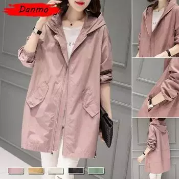 Danmo весенне-осеннее пальто-ветровка с капюшоном, женский плащ средней длины, тонкое свободное женское повседневное пальто на подкладке, верхняя одежда S чёрный