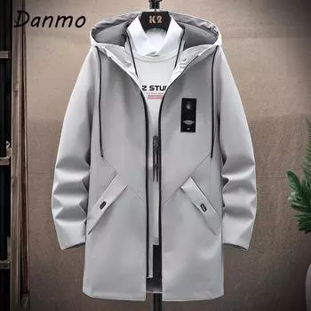 Danmo весенняя мужская классическая модная тенденция длинная ветровка мужская повседневная свободная куртка большого размера с капюшоном XXXXL чёрный