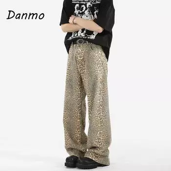 Danmo винтажные джинсы с леопардовым принтом женские весенние оверсайз повседневные хип-поп широкие брюки трендовые джинсовые брюки с высокой талией пантеры женские XXXL леопардовый