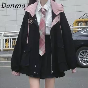Danmo женская повседневная уличная куртка в стиле панк со свободными карманами, длинными рукавами и капюшоном, большой размер, модная винтажная куртка в стиле Харадзюку XXL чёрный