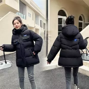Danmo Женская зимняя куртка Женская утепленная теплая куртка с капюшоном на толстом пуху с хлопковой подкладкой XXXL чёрный