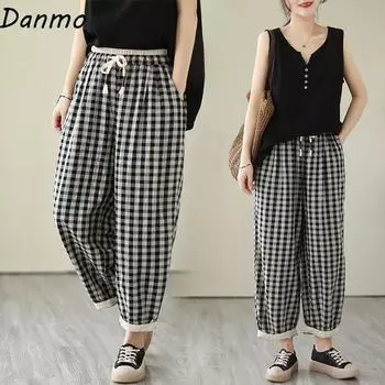 Danmo женские повседневные брюки до щиколотки, осенние винтажные стильные свободные женские шаровары с высокой талией в клетку S чёрный