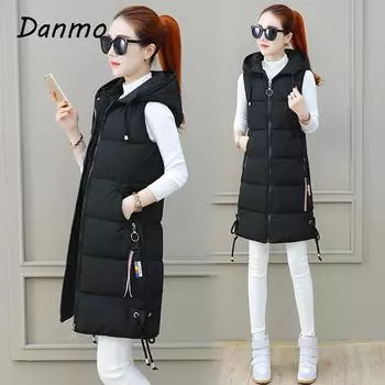 Danmo женский жилет средней длины из хлопка с капюшоном корейский студенческий зимний жилет XXXXL чёрный
