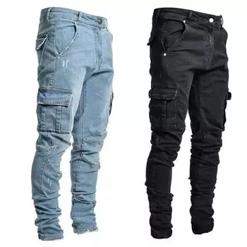 DanmoDanmo Jeans Men Pants Casual Denim Trousers Multi Pocket Cargo Jeans Men Fashion Denim Pencil Pants Side Pockets Cargo Plus Size S небесно-голубой