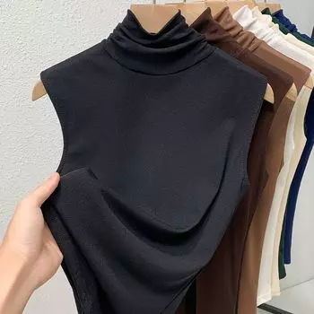 Danyu Turtleneck Vest Sleeveless Waistcoat Bottoming Shirt Voile Black M