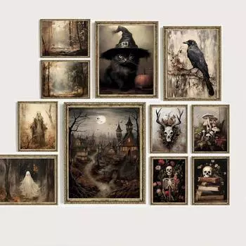 Dark Academia Art Ведьма Черная кошка Плакат Печать Для Галереи Домашний Декор Готический Ворон Дом С Привидениями Картина На Холсте Настенное Искусство 21*30cm No Frame