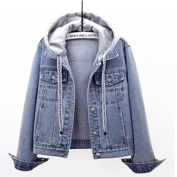 Dark Blue Denim Outwear Women s Hooded Detachable Spring & Fall New Arrival Slim-Fit All-Matching Short Long Sleeves Inner Bag Jacket Tops Light blue M