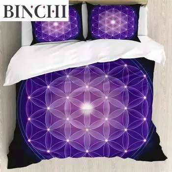 Dark Blue Duvet Cover Flower of Life With Stars Geometry 3 Piece Bedding Set Abstract 3D Print Spiritual Symbol Sacr Quilt Cover EU single(135x200cm)