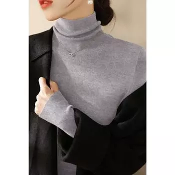 Dark Green Silm Long Sleeves Knitwear Female Fancy Heaps Collar Sweater This Year s Popular Inner Bottoming Top Melange gray M([Recommended 50.00 kg-55.00 kg]])
