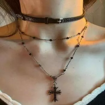 Dark Niche Черный бисерный двойной крест Spice Girl ожерелье с плиссированной кожаной пряжкой воротник ключица длинный модный