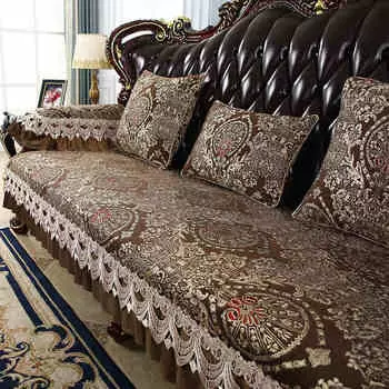 Dark Retro Sofa Cushion European Lace Hem Sofa Cover Plant Flower Jacquard Couch Cover Towel Luxury Home Decor Nonslip Slipcover 50x60