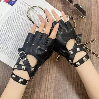 Dark Rivet Wrist Half Finger Gloves Female Grave Robber s Chronicles Cos Comic Show Cyberpunk Two-Dimensional Stage Performance Cool Black All yards