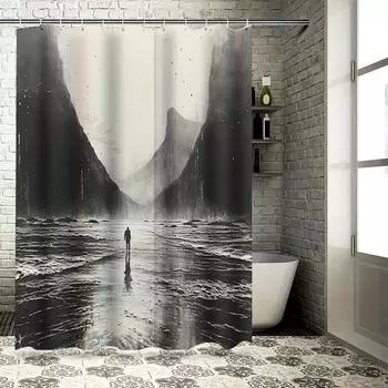 Dark Sea View Shower Curtain Waterproof Home Decor Collection Modern Abstract Art Print for Bathrooms Kitchens Black White Desig 90x180cm