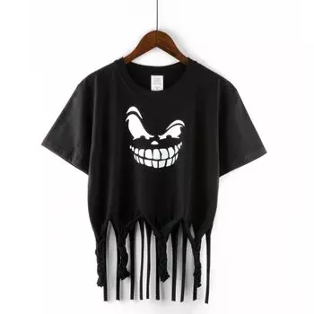 Dark Style New Tassel Fashion T-shirt Short Sleeve Top Black XL