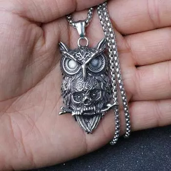 Dark Style Owl Skull Necklace, Niche Retro Artistic Outfit Pendant ,A Gift for My Boyfriend 3.2*6CM