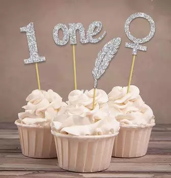 Darling Souvenir, Baby Girl First Birthday Cupcake Toppers, Glitter Gold Feather Cake Decorations Pack Of 20 серебряный