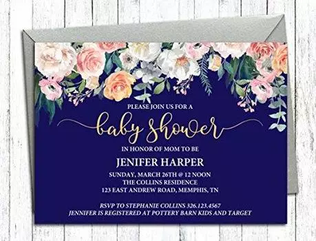 Darling Souvenir Custom Blue Flower Printed Baby Shower Invitations Boy Girl | 10 персонализированных приглашений с конвертами 5 x 5 x 7 Inches разноцветный