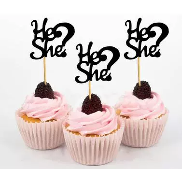 Darling Souvenir He She Раскрытие пола Baby Shower Toppers для кексов Десертные украшения - Pack Of Pack Of 40 чёрный