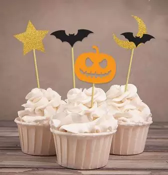 Дарлинг Сувенир| Топпер для кексов на Хэллоуин с тыквой | Летучая мышь для украшения десерта | Выбор Звездной Луны - Упаковка Pack Of 20 оранжевый/золотой
