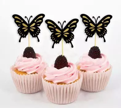 Дарлинг Сувенир| Топперы для кексов| Десертные украшения для свадебной вечеринки на день рождения - упаковка Pack Of 20 чёрный/серебряный