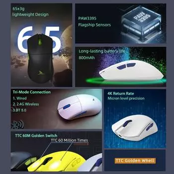 Darmoshark M3 4K Беспроводная проводная перезаряжаемая игровая мышь BT5.0 TriMode 26000DPI TTC PAM3395 жёлтый