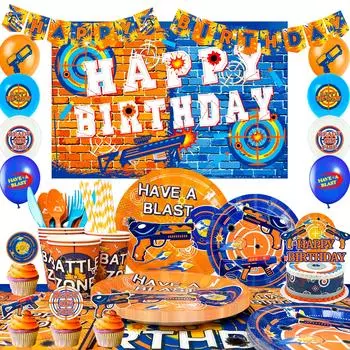 Dart Birthday Party Supplies,170pcs Dart War Party Decorations&Tableware-Dart War Plates Cups Banner Backdrop etc Dart War Party Supplies for Kids as the picture синий/оранжевый
